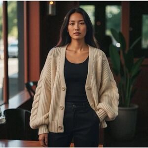 NWT American Eagle Cable Knit Button Up Cardigan Sweater Cream XS Fisherman Soft
